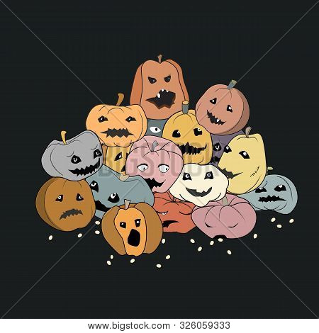 Vector Halloween Illustration Of Pile Of Pumpkins With Carved Eyes And Smiles With Differrent Face E