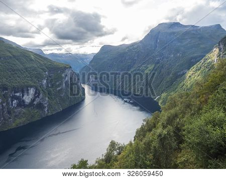 View On Geirangerfjord In Sunnmore Region, Norway, One Of The Most Beautiful Fjords In The World, In