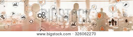 Business Structure Diagram. Gears Mechanis And Social Media On Virtual Screen