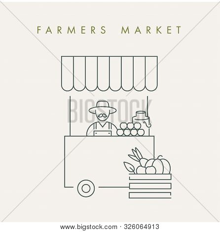Vector Illustration Farmer Sale His Orgainc And Natural Products. Localy Grown And Organic Food.