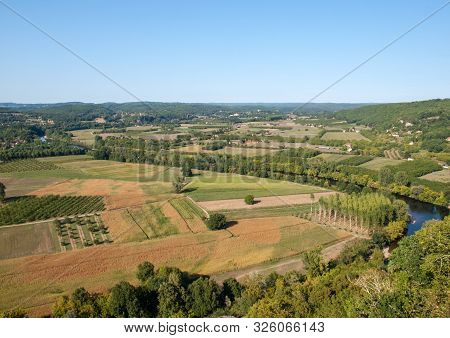 View Of Fields And Meadows In The Dordogne Valley From The Walls Of The Old Town Of Domme, Dordogne,