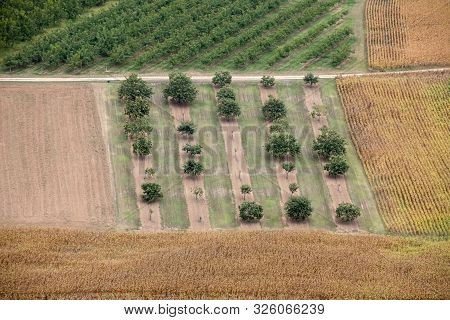 View Of Fields And Meadows In The Dordogne Valley From The Walls Of The Old Town Of Domme, Dordogne,
