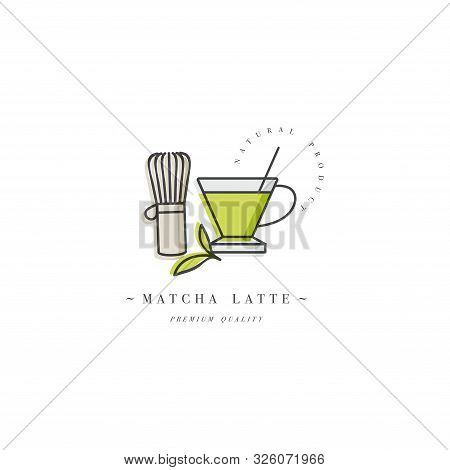 Vector Design Colorful Template Logo Or Emblem - Coffee Matcha Latte. Food Icon. Label In Trendy Lin