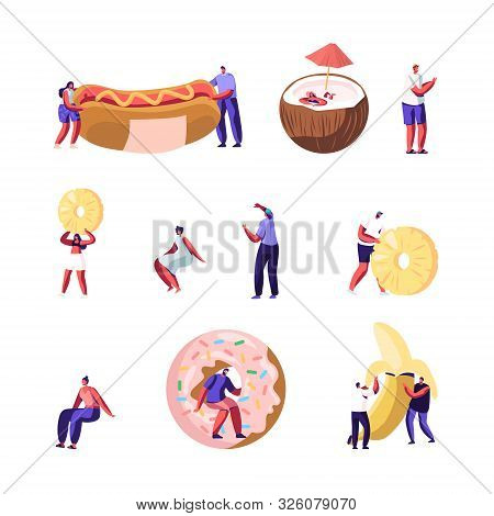 Set Of Tiny Male And Female Characters Interacting With Huge Food Hot Dog Donut Banana Coconut And P