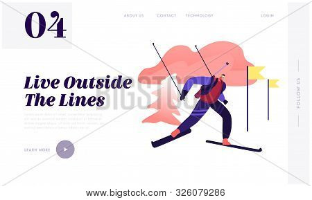 Biathlon Race Skiing Website Landing Page. Sportsman Running Route. Athlete Racer Biathlete Taking P
