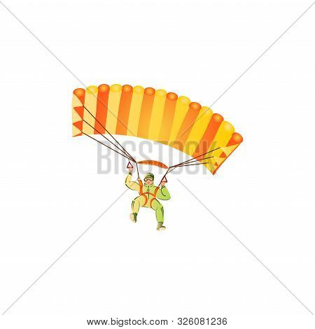 Skydiver In The Green Suit Flying With The Orange Paraglider. Vector Illustration In A Flat Cartoon 