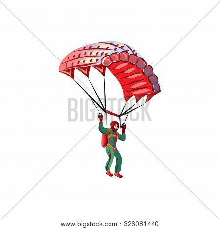 Skydiver In The Green Suit Flying With The Red Paraglider. Vector Illustration In A Flat Cartoon Sty