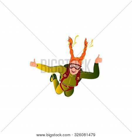 Happy Parachuting Girl Falling With A Parachute Showing Thumbs Up. Vector Illustration In A Flat Car
