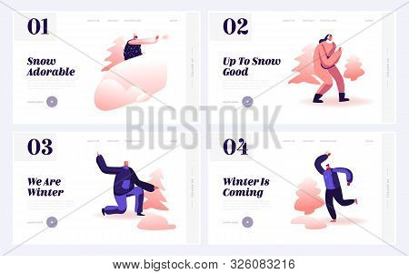 Snowballs Website Landing Page Set. Joyful Energetic Friends Playing Games And Having Fun Having Sno