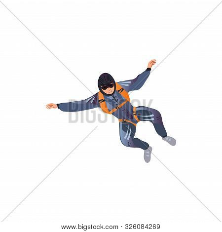 Skydiver In The Dark Blue Suit With Helmet And Goggles Flying With The Parachute. Vector Illustratio