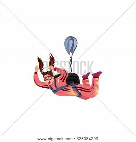 Scared Parachuting Girl Falling With A Blue Parachute And Screaming. Vector Illustration In A Flat C