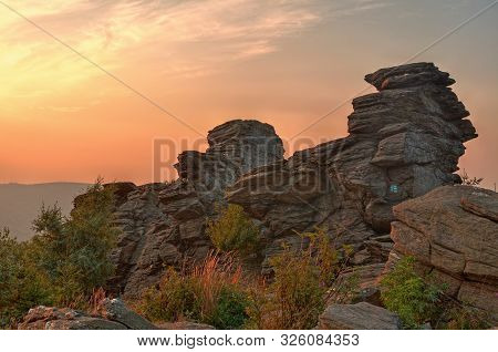 Big Rocks At Orange Romantic Sunset In Jeseniky Czech Republic