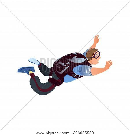 Skydiver In The Blue Clothes With Goggles Flying With The Parachute Backpack. Vector Illustration In