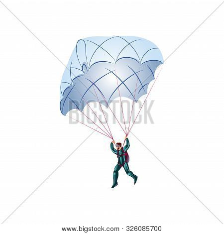 Skydiver In The Green Suit Flying With The Blue Parachute. Vector Illustration In A Flat Cartoon Sty