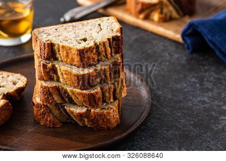 Sliced Banana Bread. Delicious Banana Bread With Chia Seeds. Copy Space.
