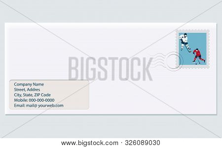 Hockey Players On A Postage Stamp - Postal Envelope, Stamp, Address - Isolated On White Background -