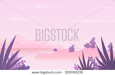 Cartoon Minimal Landscape. Nature Scene With Trees, Leaves And Reaver In Japanese Style. Summer Pano