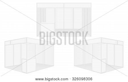 Set Of Exhibition Stalls Mockups Isolated On White Background. Vector Illustration