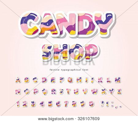 Paper Cut Out Sweet Font Design. Candy Abc Letters And Numbers. Glossy 3d Alphabet. Vector