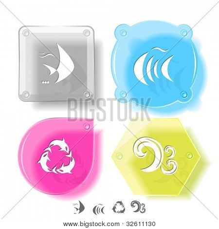 Animal icon set. Killer whale, fish, wave.  Glass buttons. Vector illustration. Eps10.