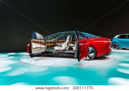 Frankfurt - Sep 15, 2019: Red Volkswagen Id Vizzion Or Vw I.d. Vizzion. Electric Autonomous Concept 