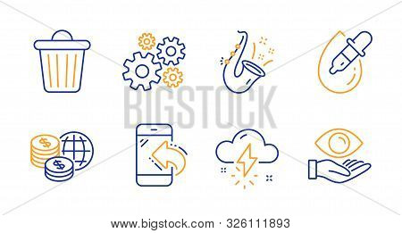Thunderstorm Weather, Trash Bin And Eye Drops Line Icons Set. Incoming Call, World Money And Jazz Si