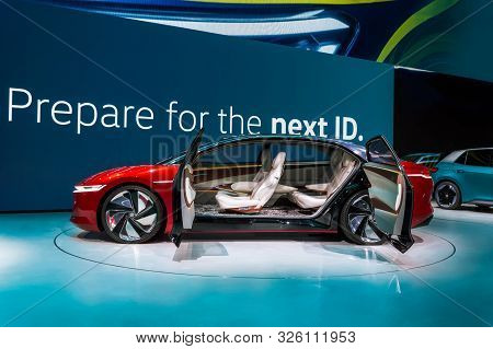 Frankfurt - Sep 15, 2019: Red Volkswagen Id Vizzion Or Vw I.d. Vizzion. Electric Autonomous Concept 