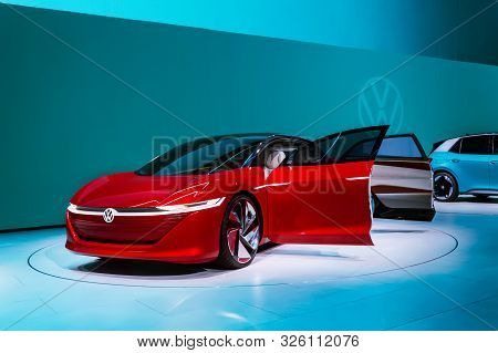Frankfurt - Sep 15, 2019: Red Volkswagen Id Vizzion Or Vw I.d. Vizzion. Elegant Electric Autonomous 