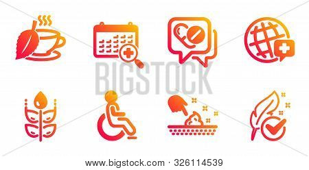 World Medicine, Disabled And Skin Moisture Line Icons Set. Medical Drugs, Medical Calendar And Glute