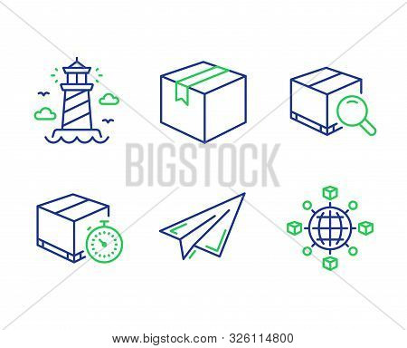 Paper Plane, Delivery Timer And Lighthouse Line Icons Set. Parcel, Search Package And Logistics Netw