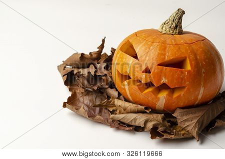 Jacks Head Of A Lantern Carved From Pumpkin For Halloween With Autumn Leaves