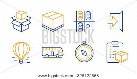 Bus Tour, Parking Place And Exit Line Icons Set. Air Balloon, Delivery Box And Packing Boxes Signs. 
