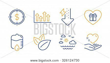 Drop Counter, Energy Drops And Dollar Target Line Icons Set. Upper Arrows, Organic Product And Trave