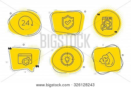 24 Hours, Washing Machine And Recycle Water Signs. Chat Bubbles. Confirmed, Idea And Seo Gear Line I
