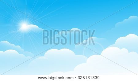 Clear Blue Sky And Glare Sun Image. Vector Clouds On Blues Skies Background, Sunshine Light Ray On W