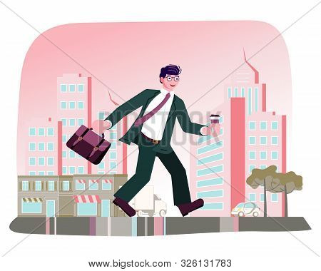 Happy Successful Businessman With Coffee To Go On The City Street. Flat Art Vector Illustration