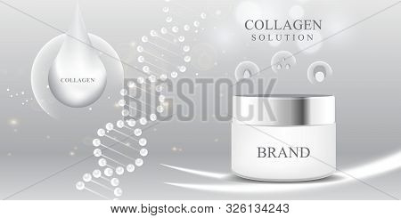 Cosmetic 3d Package White Collagen Serum Drop Background  Luxury Hyaluronic Skin Care Vector Illustr
