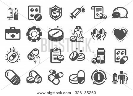Medical Drugs Icons. Healthcare, Prescription And Pill Signs. Pharmacy Drugs, Medical Nurse, Recipe 