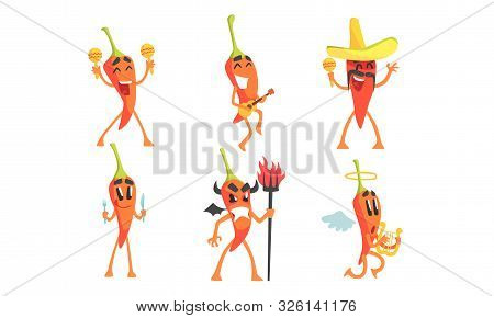 Set Of Cartoon Red Hot Chili Peppers. Vector Illustration.