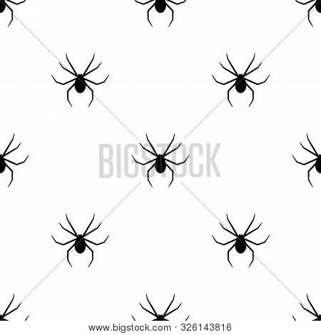 Seamless Pattern With Black Silhouette Of Spider On White Background. Halloween Decorative Texture. 