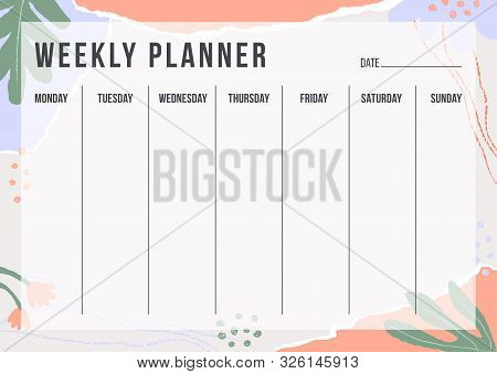 Floral Weekly Planning Template With Pieces Of Torn Paper, Flower And Chalk Line. Blank Weekly Plann