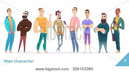 People Character Design Collection. Males Or Manegers Stand Together. Young Professional Males Poses