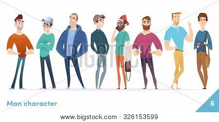 People Character Design Collection. Males Or Manegers Stand Together. Young Professional Males Poses