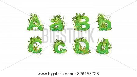 Green Leaves Font. Vector Illustration. Stylish Eco Alphabet From Colorful Tropical Leaves, Bushes, 