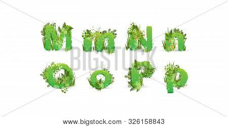 Green Leaves Font. Vector Illustration. Stylish Eco Alphabet From Colorful Tropical Leaves, Bushes, 