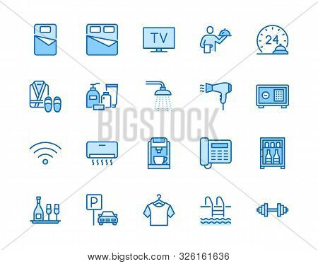 Hotel Room Facilities Flat Line Icons Set. Double Bed, Reception, Room Service, Bathrobe, Slippers, 