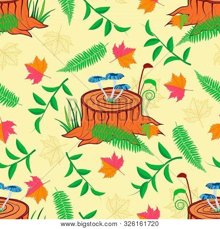 Vector Illustration. Magical Blue Mushroom On Stump, Moss, Fern And Autumn Leaves On Pastel Yellow B