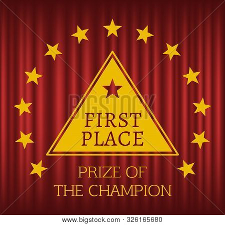 First Place Reward In Triangle Form In Wreath Of Golden Stars. Prize Of Champion. Winner Metal Award