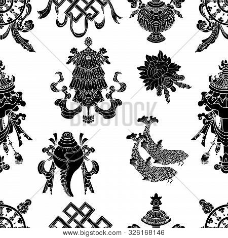 Seamless Pattern With Eight Black Auspicious Symbols Of Buddhism. Religious Hand Drawn Vector Illust