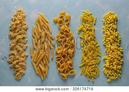 Assorted Italian Pasta: Penne Rigate, Conchiglie, Cavatappu, Fusilli, Galetti, Horizontal Orientatio